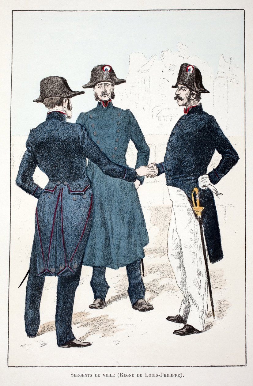 Kaupungin kersantit, Louis-Philippe I:n (Louis Philippe) Orleansin hallituskausi (1773-1850). Etsaus väreillä, havainnollistava "" History of the Corps of the Peacekeepers"" -kirja, joka on julkaistu Louis Lepinen (1846-1933) poliisiprefektin alaisuudessa. tekijältä Unknown artist