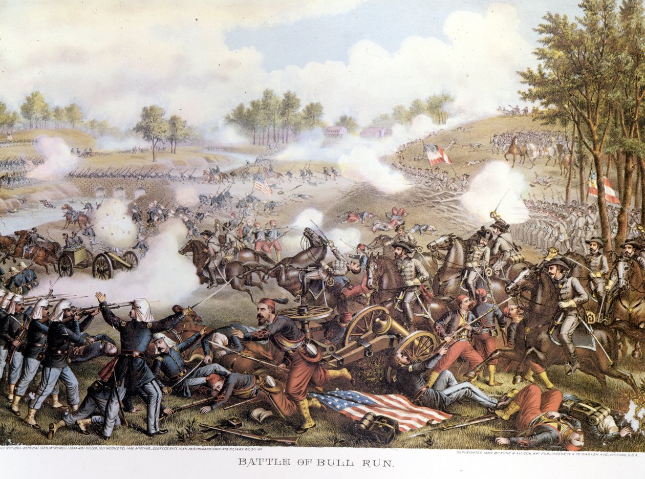 Sisällissota (1861 - 1865), Amerikan sisällissota 21.7.1861: Ensimmäinen Bull Run -taistelu tai Ensimmäinen Manassasin taistelu: Virginia, kenraali Beauregardin komentamat konfederaatiot voittivat kenraali Mac Dowellin pohjoismaiset joukot. Kaiverrus. tekijältä Unknown artist