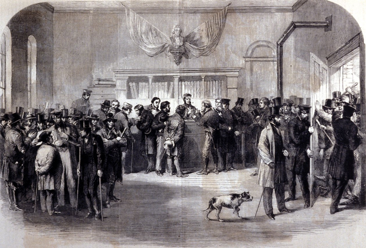 Sisällissota (1861-1865), Amerikan sisällissota. Asevelvollisuuden vastaiset kylkiluut vapautustoimistojen edessä. New York. tekijältä Unknown artist