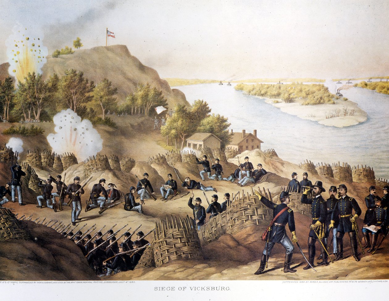 Sisällissota (1861-1865), Amerikan sisällissota. Vicksburgin piiritys (Arkansasin ja Mississippin rajalla), kaupungin valtasivat kenraali Grant (ja pohjoiset), kaupunki kaatui neljänkymmenen päivän piirityksen jälkeen (19. toukokuuta - 4. heinäkuuta). tekijältä Unknown artist