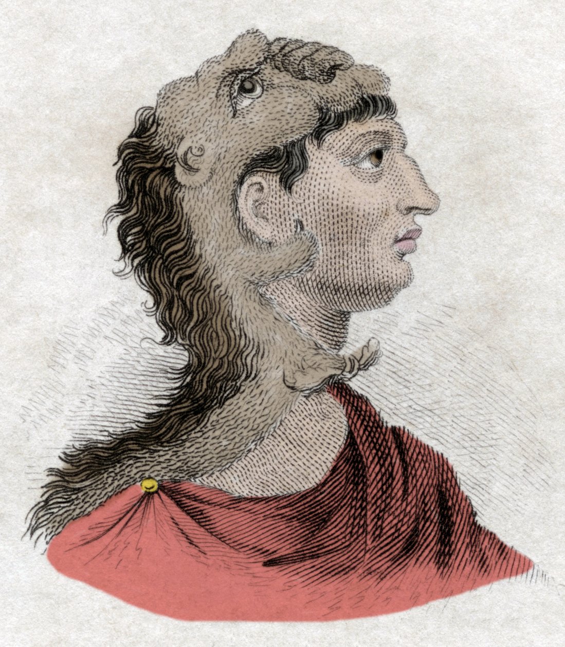 Antiikin sivilisaatio: Aleksanteri Suuren isän, Makedonian kuninkaan Filip II:n (382-336 eKr.) muotokuva. Kaiverrus 1800-luvulta. tekijältä Unknown artist