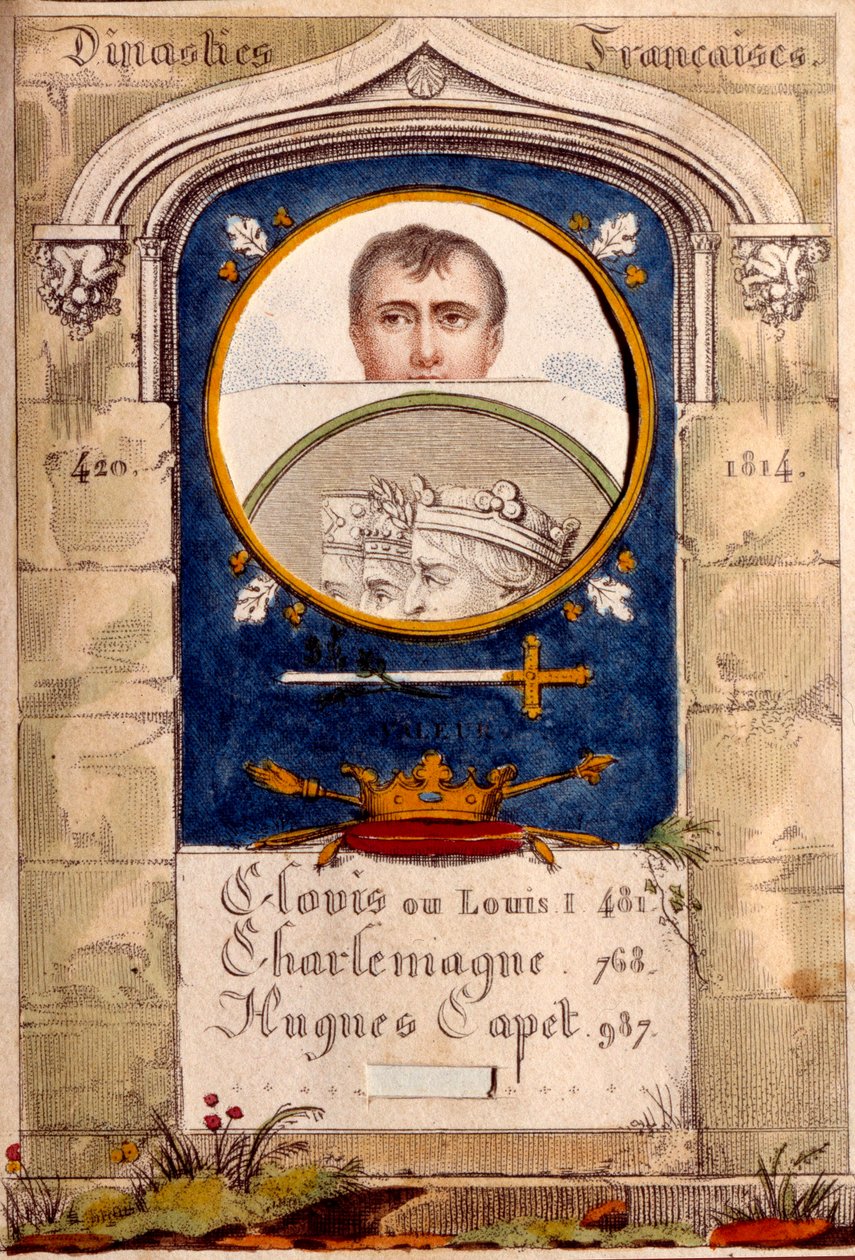 Salapropagandaa keisari Napoleon I:tä (1769-1821) vastaan, hänen muotokuvansa on Clovisin, Kaarle Suuren ja Hugues Capetin yläpuolella. tekijältä Unknown artist