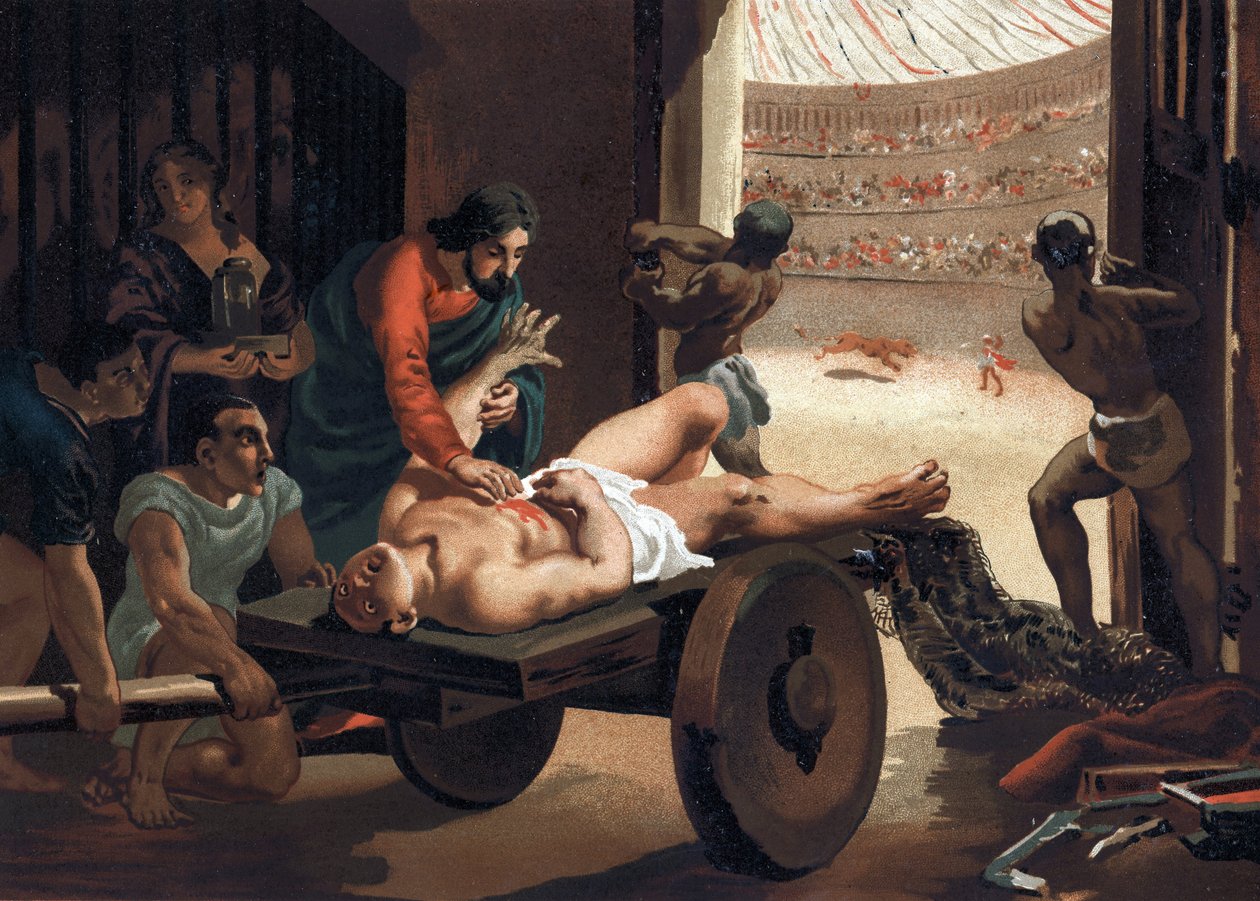 Claudius Galien (Claudius Galenus tai Claudius Galenus tai Claudius Galenus tai Galen, v. 131 - v. 201), kreikkalainen lääkäri, joka hoitaa gladiaattoria. Barcelona 1881 tekijältä Unknown artist