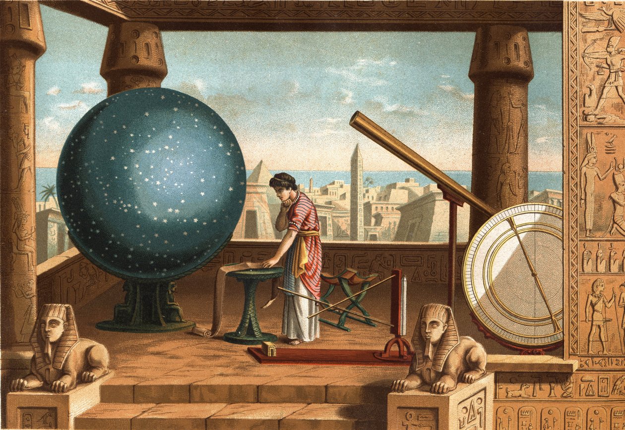 Claude Ptolemaios (n. 100 - n. 170), kreikkalainen tutkija ja tähtitieteilijä, Aleksandrian observatoriossa (Egypti). Barcelona 1877. tekijältä Unknown artist
