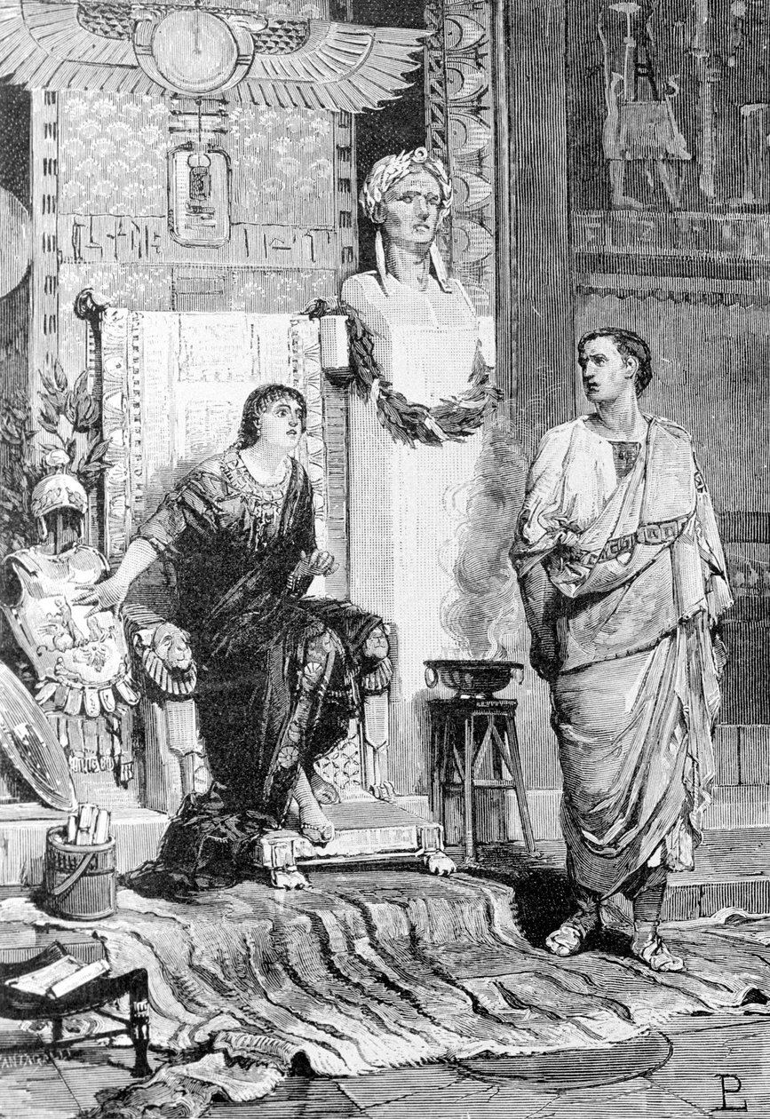 Kleopatra (69 eKr. - 30 eKr.), Egyptin ja Octaven kuningatar, tuli puhumaan hänen kanssaan Actiumin tappion ja Marc Antonyn kuoleman jälkeen. Kaiverrus 1800-luvulta. Storia d