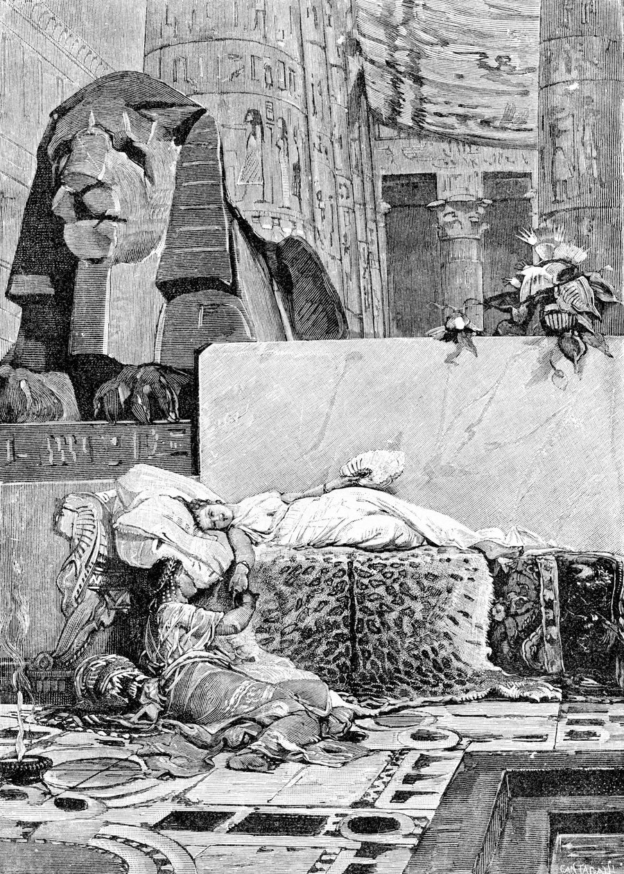 Kleopatra (69 eKr. - 30 eKr.) ja Anthony tai Mark Antoine (83 eKr. - 30 eKr.) Rooman valtakunnan tappion jälkeen. Kaiverrus 1800-luvulta. tekijältä Unknown artist