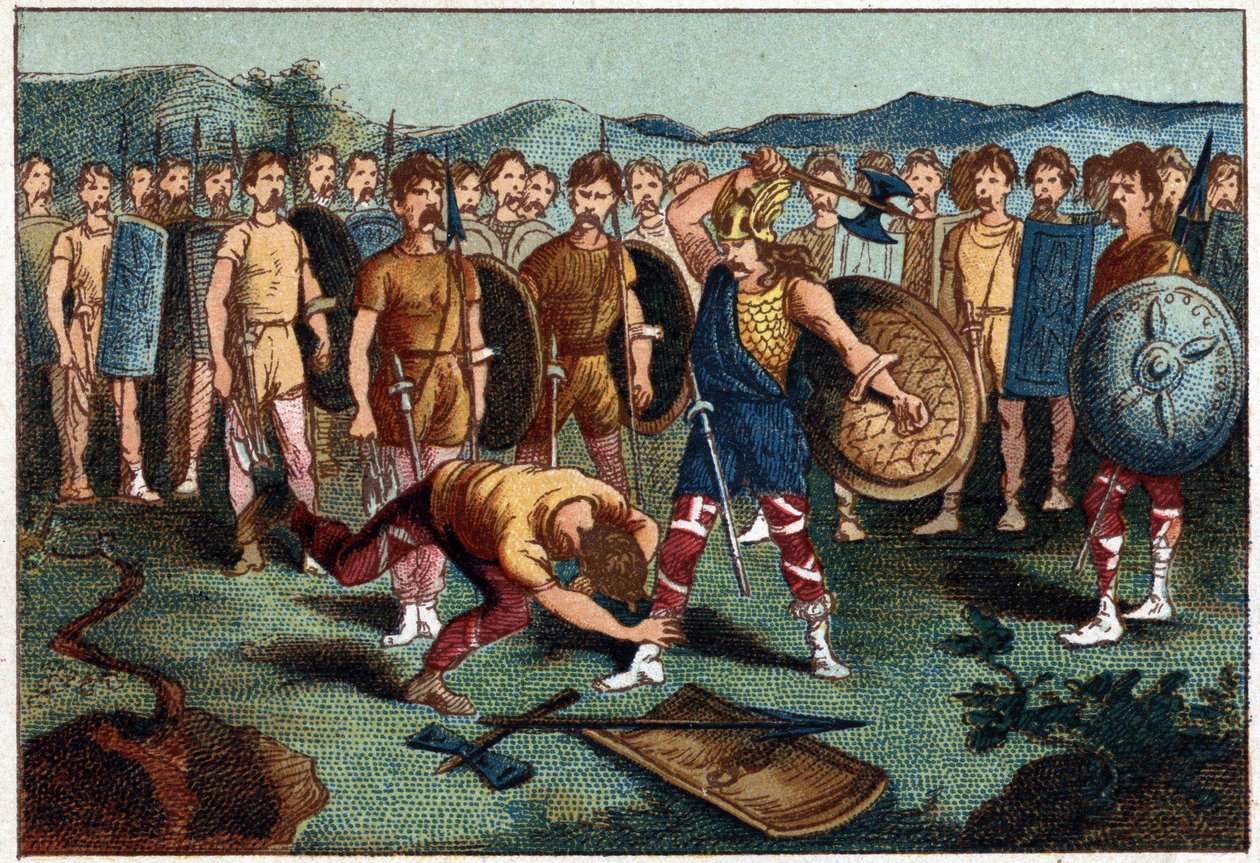 Clovis (465-511) ja frankkisoturi, joka mursi Soissons-maljakon vuonna 486 - Clovis 1. ampui alas Soissons-maljakon rikkoneen sotilaan vuonna 486. Kromolitografia 1800-luvulta. tekijältä Unknown artist