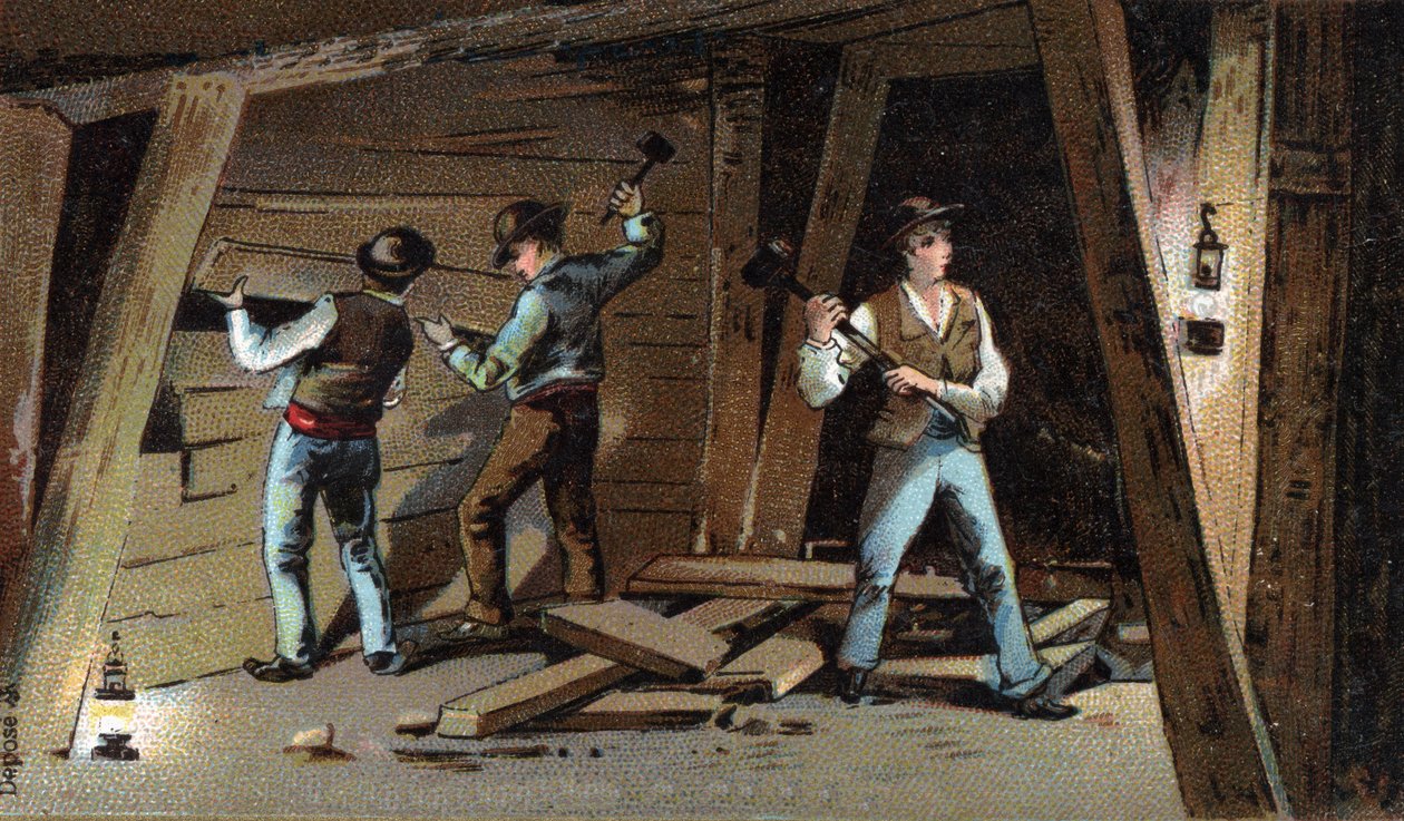 Hiilikaivos Ranskassa 1800-luvun lopulla: Puugalleria. 1800-luvun lopun kromolitografia tekijältä Unknown artist