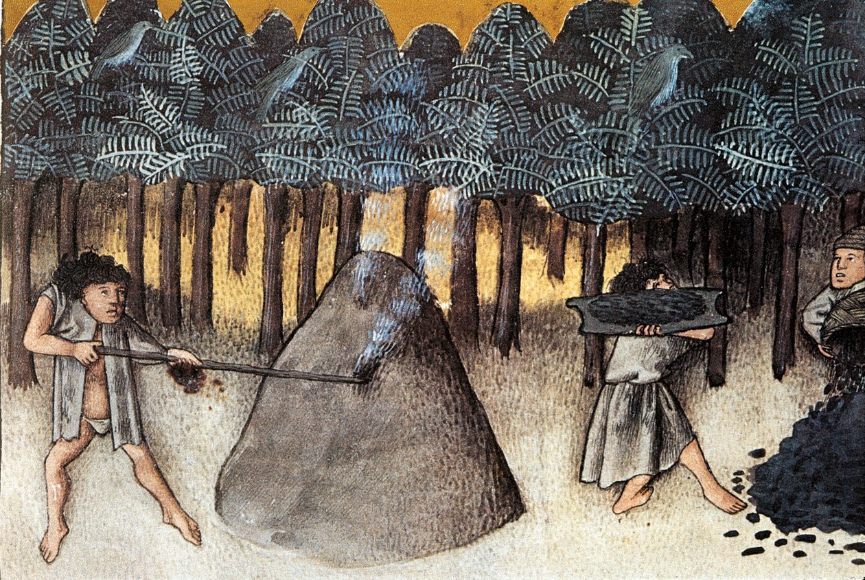 Hiilen louhinta, Miniatyyri otettu De natura rerumista, kirjoittanut Thomas de Cantimpre (1201-1272) 1200-luvun Granada. Yliopiston kirjasto tekijältä Unknown artist