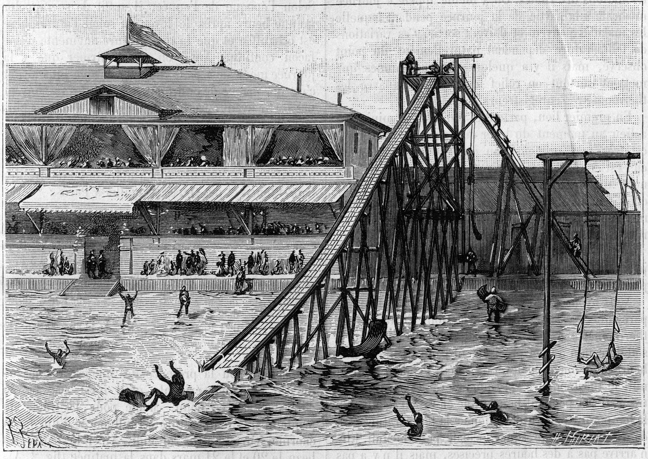 Coaster Bridgeportissa, Connecticutissa, Yhdysvalloissa. kirjassa "La Nature. Katsaus tieteisiin ja niiden sovelluksiin taiteeseen ja teollisuuteen." 1888 tekijältä Unknown artist