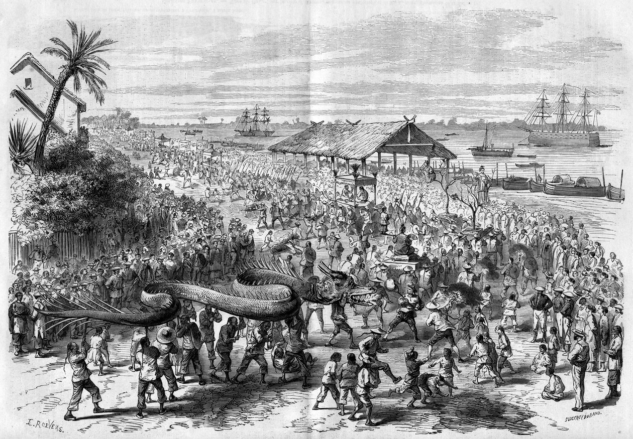 Cochinchine: vuotuinen lohikäärmekulkue, jonka Saigonin seurakunta järjesti vuonna 1865. tekijältä Unknown artist