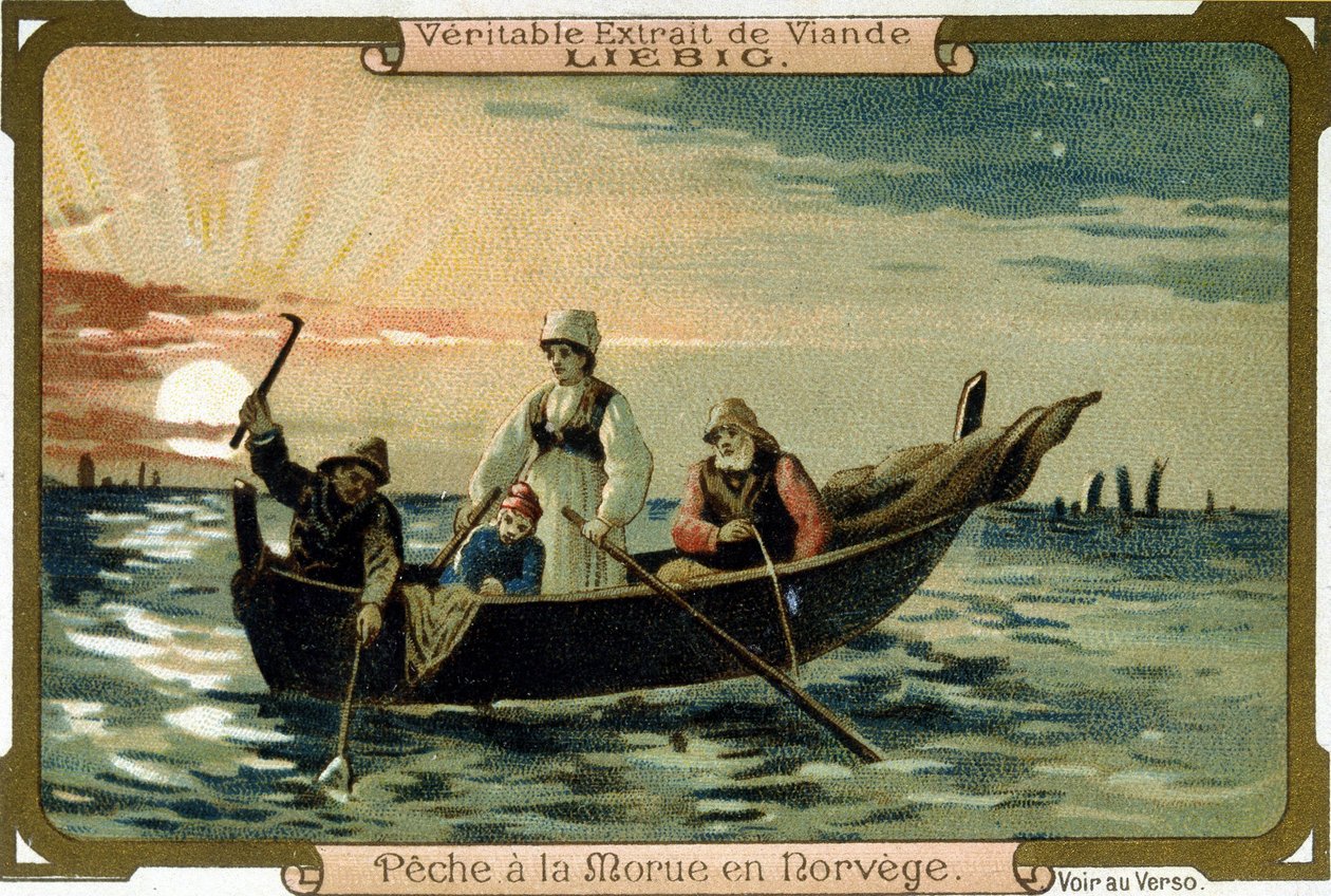 Turskan kalastus Norjassa. Pakkaus Liebig tuotteet. tekijältä Unknown artist