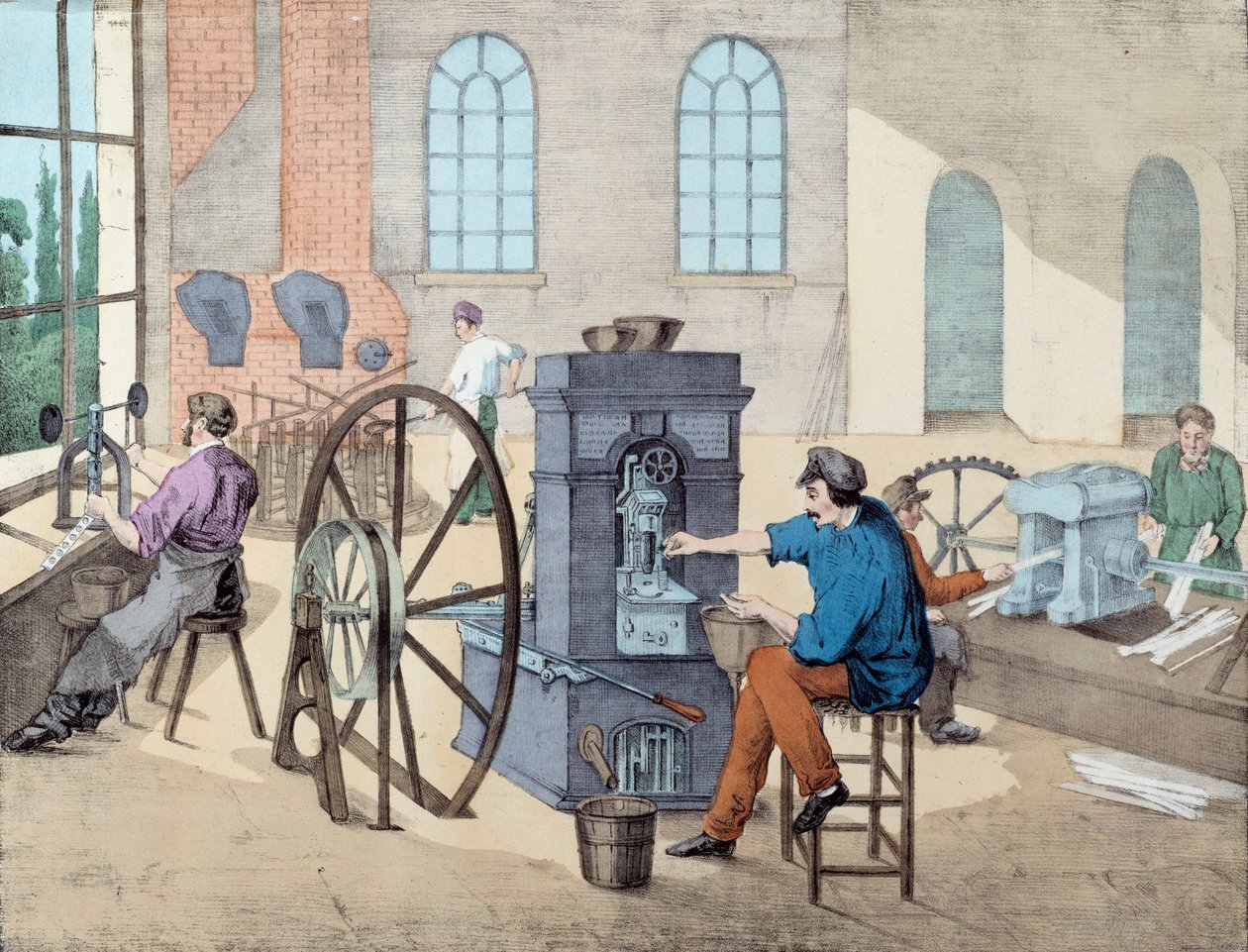 Kolikoiden valmistus: työntekijät työskentelevät tehtaalla eri vaiheissa, valuvat ja valuvat kolikoita. Kaiverrus 1800-luvun Pariisista, koristetaide tekijältä Unknown artist