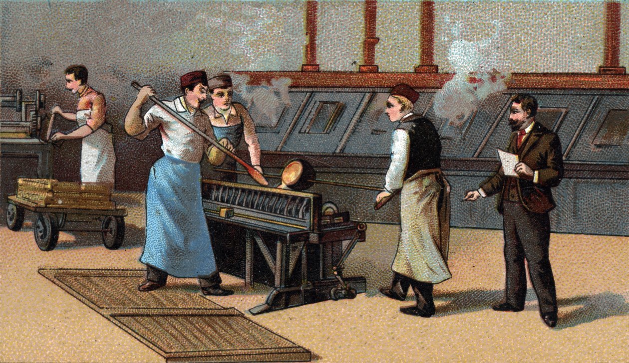 Kolikoiden valmistus, kultaiset terät. 1800-luvun lopun kromolitografia tekijältä Unknown artist