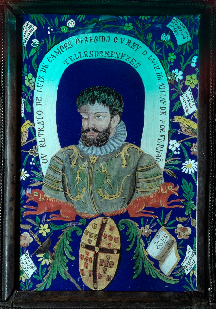 Portugalilaisen runoilijan Luis Vaz de Camoesin (1525-1580) runokokoelma koristaa muotokuvaa. 16. vuosisata. Lissabon, kansallinen muinaisen taiteen museo tekijältä Unknown artist