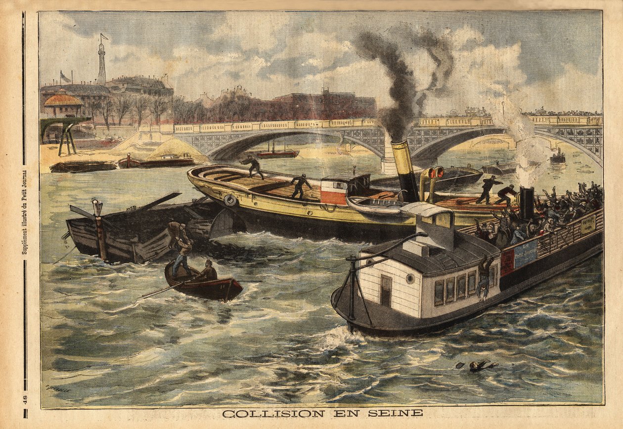 Törmäys Seine-joella englantilaisen höyrylaivan ja Pariisin omnibus-penichen välillä kuninkaallisen sillan korkeudella. Kaiverrus "" Le petit Journal" -lehdessä 7/02/1897. Selva Collection. tekijältä Unknown artist