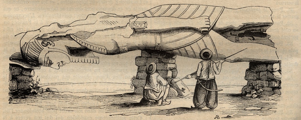Ramses II:n kolossi, jonka löysi vuonna 1820 italialainen matkailija Giovanni Battista Caviglia, noin kolmenkymmenen metrin päässä sijaitsevan Ptahin temppelin eteläisen portin läheltä - kaiverrus vuodelta 1838 - Giovanni Battista löysi vuonna 1820 Ramses  tekijältä Unknown artist
