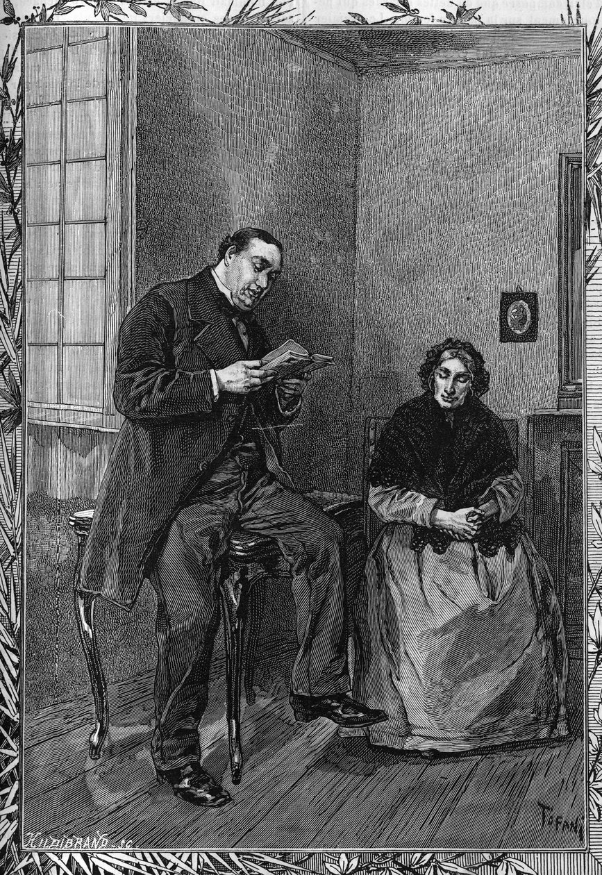 Koomikko Moessard lukee vaimoaan. Kaiverrus maineikkaaseen päiväkirjaan "" La jeunesse"" tekijältä Unknown artist