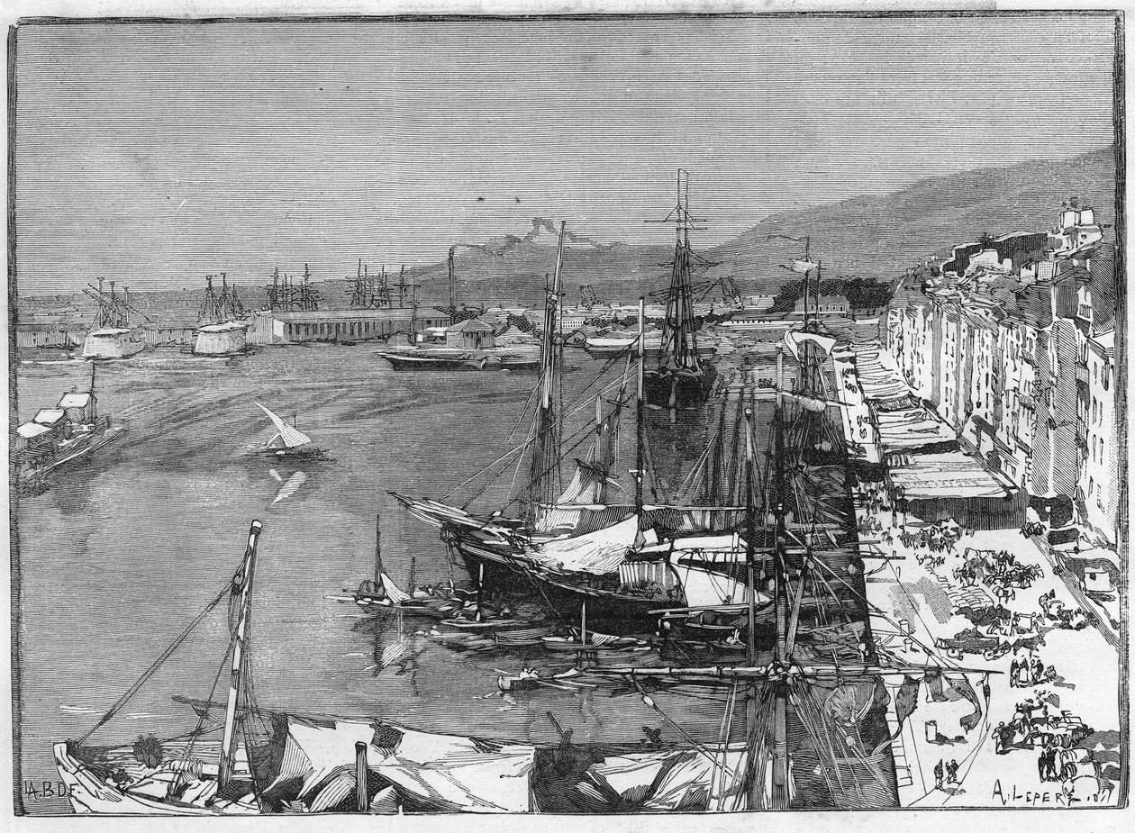 Kaupallinen alus ja arsenaali Toulonin satamassa (Var), Ranska. Kaiverrus "" Le Monde Illustré" -kirjassa tekijältä Unknown artist