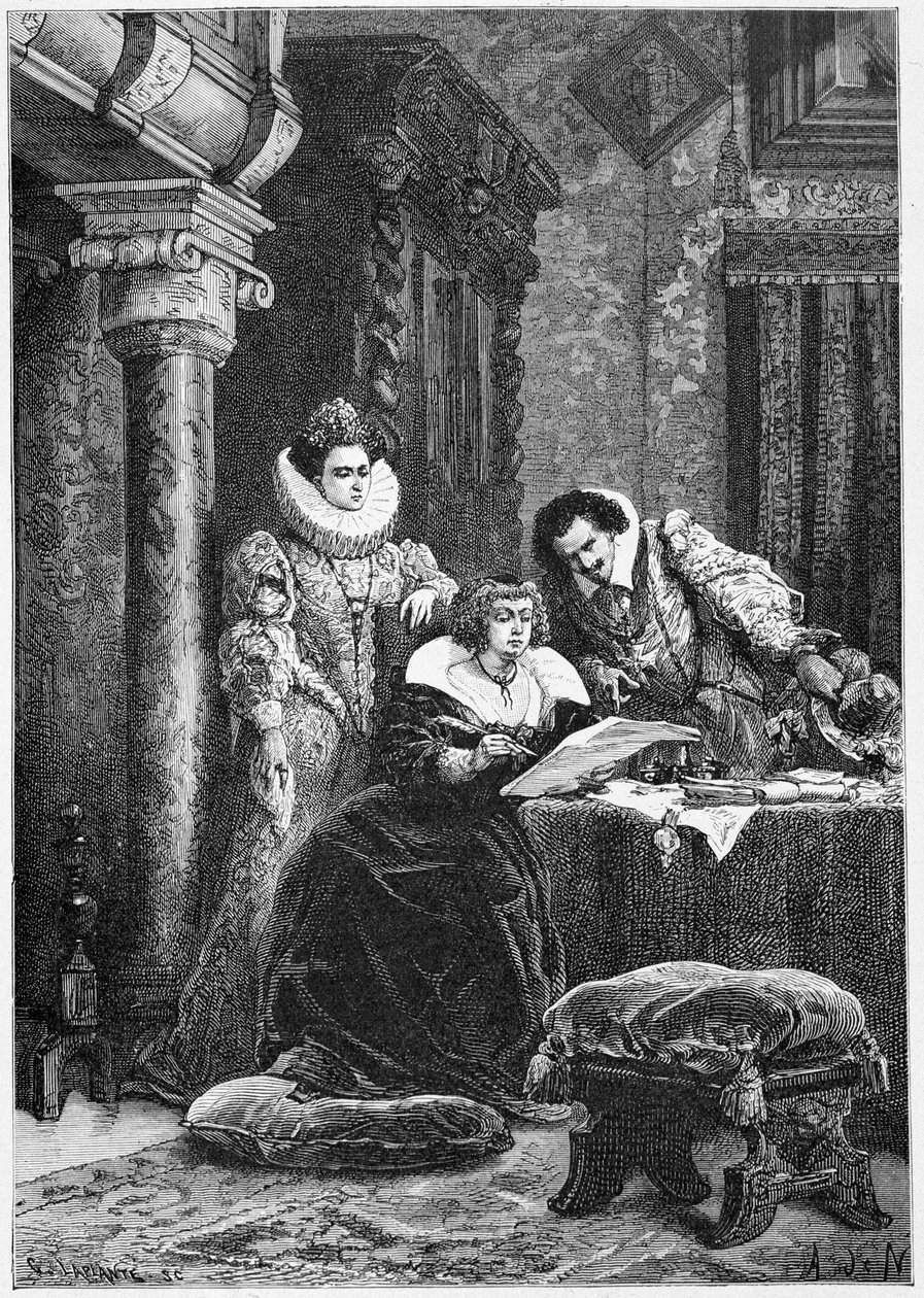 Concini, Leonore Galigai ja Marie de Medici. M. Guizotin kaiverrus kirjaan "Histoire de France" kaukaisimmista ajoista vuoteen 1789 tekijältä Unknown artist