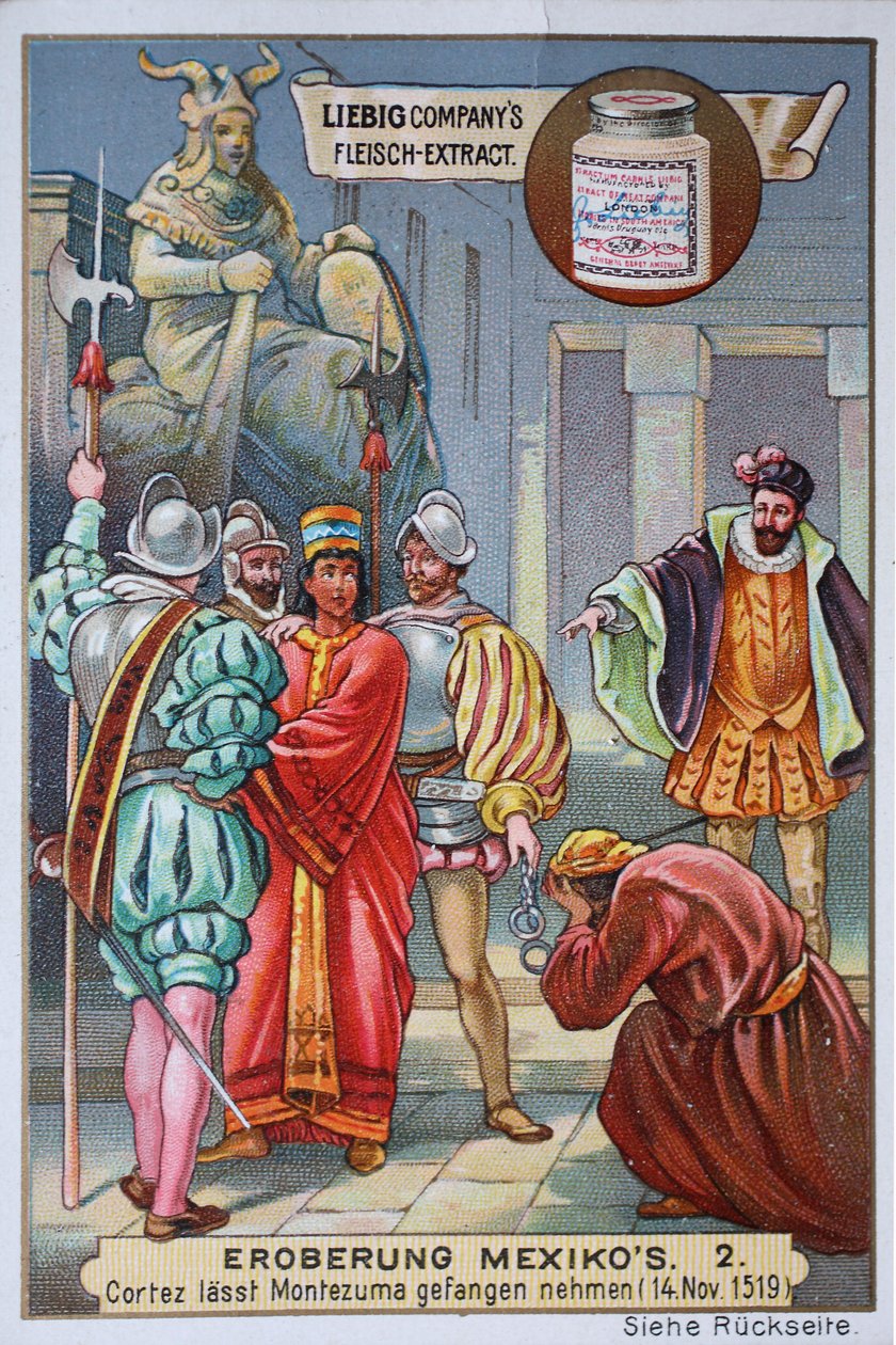 Meksikon valloitus: Cortes pidättää kuninkaan Mont... Eurooppalainen koulu (20. vuosisata) Meksikon valloitus: Cortes pidättää kuningas Montezuma II:n. tekijältä Unknown artist