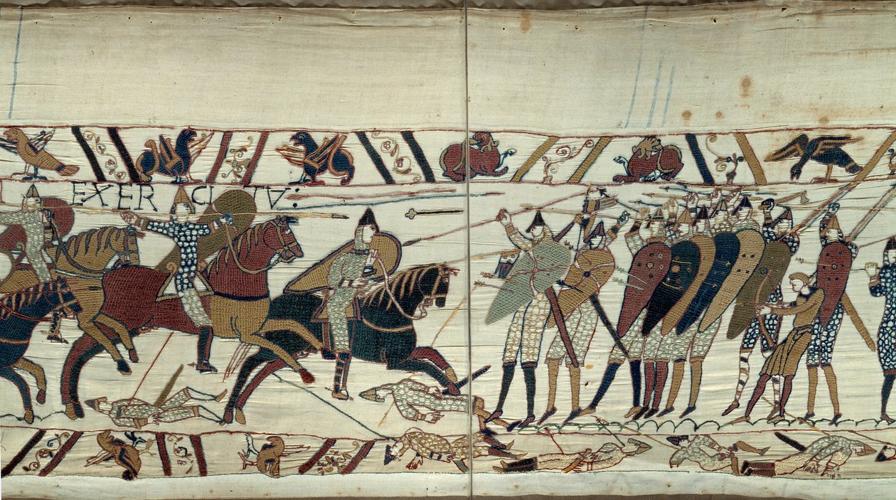 Conquete England, William Valloittaja (1027-1087) vuonna 1066, taistelukohtaus Normanin ratsuväen välillä lastaamassa Englannin kuninkaan Harold II:n saksien jalkaväkeä Yksityiskohta Bayeux