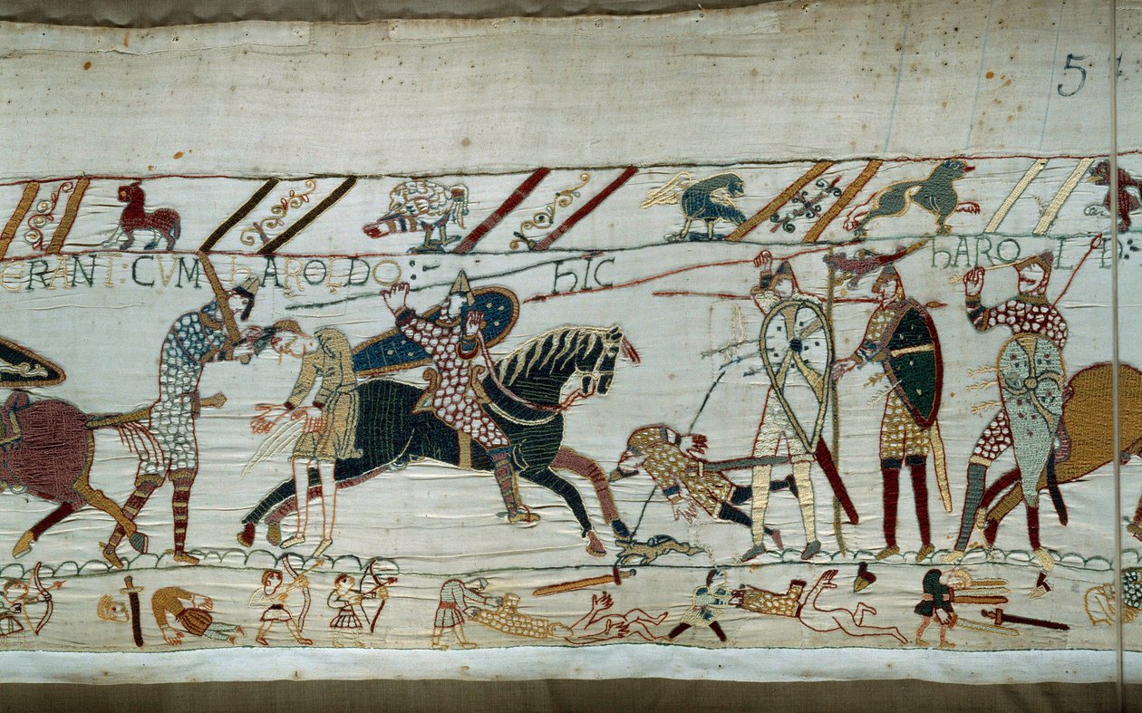 Normandian herttua William Valloittaja (1027-1087) valloitti Englannin vuonna 1066: Normanit murhaavat Saksien armeijat, kuningas Harold tapetaan silmästä löydetyn nuolen johdosta. Yksityiskohta Bayeux