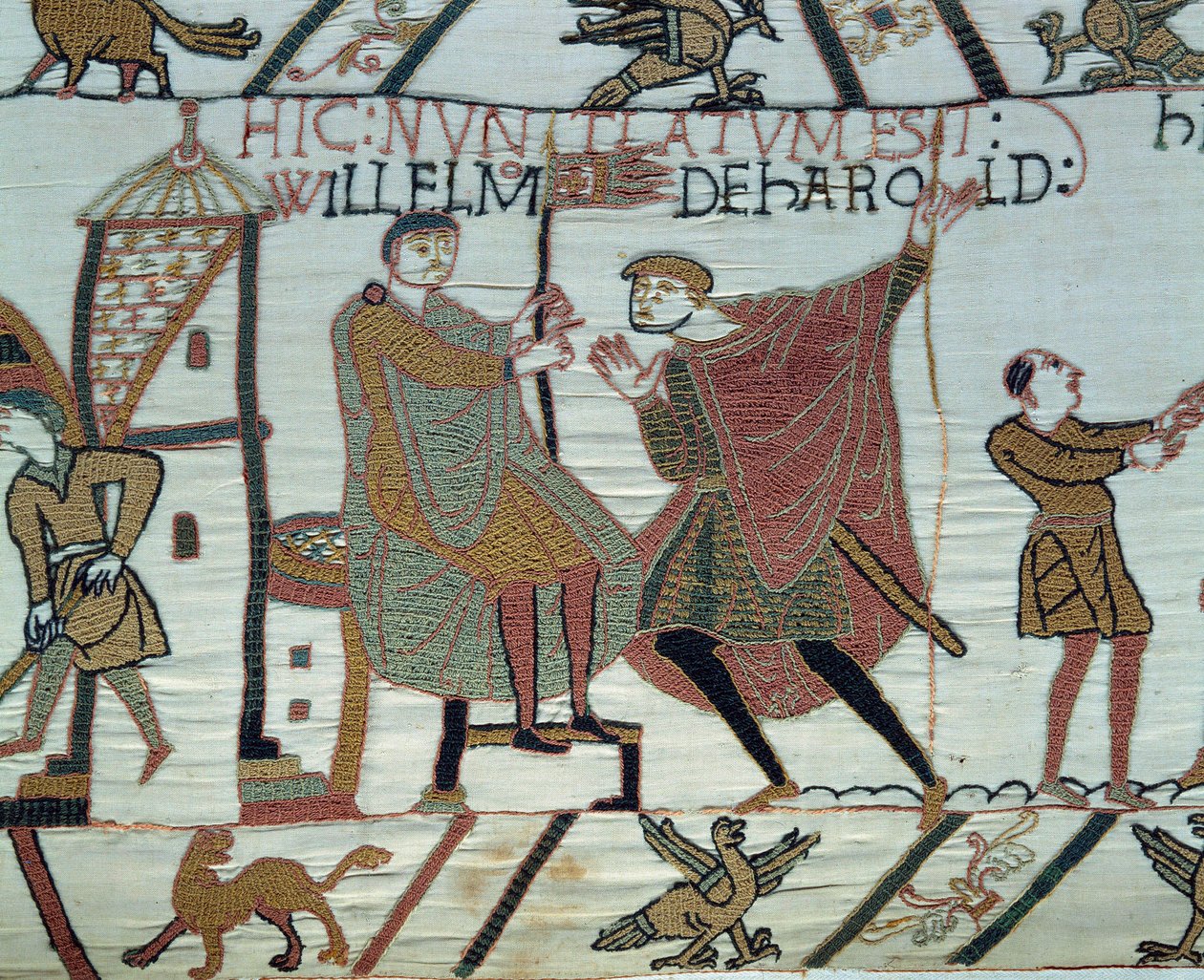 Normandian herttua William Valloittaja (1027-1087) Englannin valloitus vuonna 1066: tähystäjä raportoi Harold II:n tosiasiat Williamille Hastingsin taistelussa. Yksityiskohta Bayeux