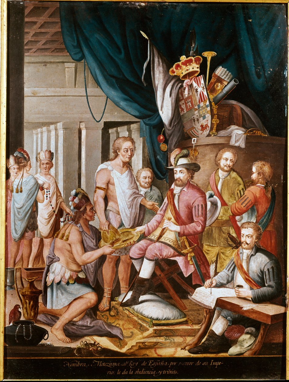 Meksikon valloitus: Montezuma (tai Moctezuma II), atsteekkien keisari (1466-1520) tarjoaa lahjoja valloittajalle Hernan Cortezille (tai Cortesille) (1485-1547) ja vannoo uskollisuutta Espanjan kuningaskunnalle. Anonyymi maalaus. Madrid. Amerikan museo. tekijältä Unknown artist
