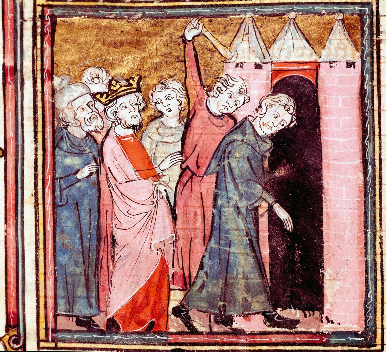 Salaliitto Ludvig hurskasta (778-840) lännen keisaria vastaan, hänen poikansa Lothaire määräsi hänelle julkisen katumuksen Saint Medard de Soissonsin luostarissa vuonna 833 Pienoiskuva "" Grandes Chronicles de Francesta"" 1375-1379 kaupunginkirjastosta , C tekijältä Unknown artist