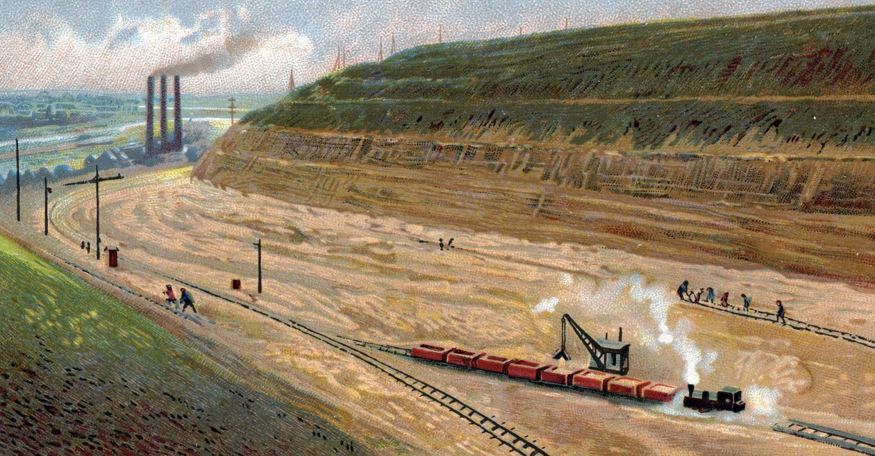 Albertin kanavan rakentaminen 1930-luvulla, joka yhdistää Liegen sataman Antwerpenin satamaan, Belgia (Albertin kanavan kaivaminen 1930-luvulla Antwerpenin ja Liegen välillä, Belgia) Kromoligrafia (kromolitografia) tekijältä Unknown Artist