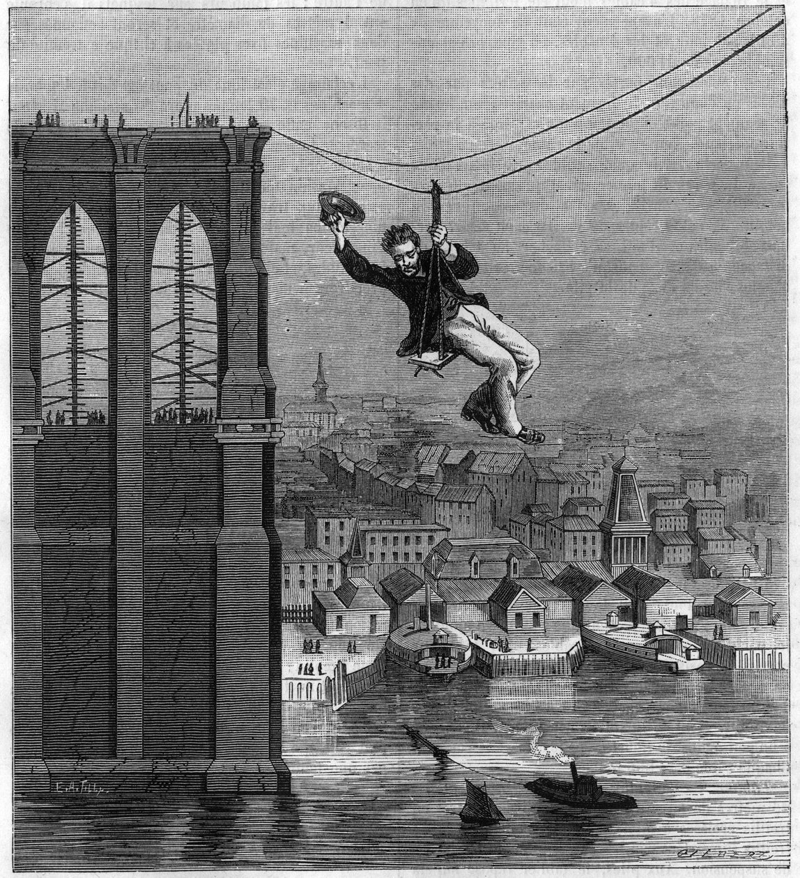 Brooklynin sillan rakentaminen New Yorkissa: Mr. Farrington, päärakennusmekaanikko, siirtyy pinosta toiseen käyttämällä ensimmäistä venytettyä lankaa (25. elokuuta tekijältä Unknown artist