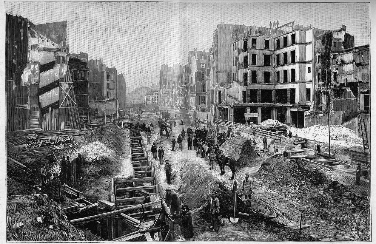 Rakentaminen Reaumur Street -kadulla - Pariisin muunnokset toisen imperiumin aikana, Haussmann Paris (Boulevard, Haussmannin töitä) - Le Percement de la Rue Reaumur Pariisin 3. kaupunginosassa tekijältä Unknown artist