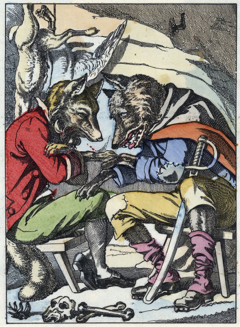 Suden ja ketun keskustelu. Kuva tarinasta "Compere le Loup, Maitre Renard, Comere la Chevre et ses petits biquets" Jean de la Fontainen tarun mukaan. "" Tarinoita kodista pienimmille"". Anonyymi kaiverrus tekijältä Unknown artist