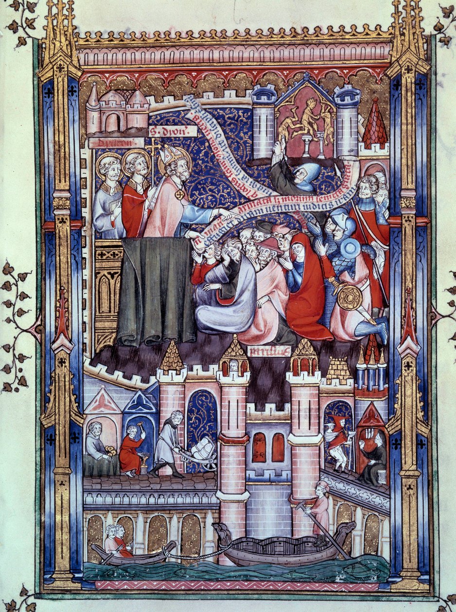 Parisilaisten muuntaminen: Pariisin sillalla, jossa kultasepänliikkeet sijaitsevat, pariisilaiset murtavat epäjumalat kullaksi. Pienoiskuva Saint-Denisin munkin Yvesin käsikirjoituksesta "" Life of Saint Denis". tekijältä Unknown artist