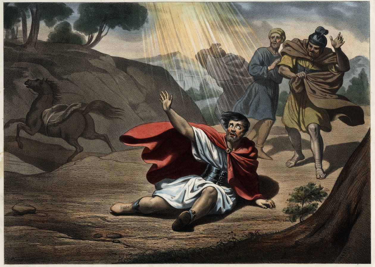 Pyhän Paavalin kääntyminen. Kristuksen näky Damaskoksen tiellä, jonka jälkeen pyhä Paavali kääntyi kristinuskoon, jota hän oli taistellut siihen asti. Anonyymi kaiverrus 1800-luvun puolivälistä. tekijältä Unknown artist