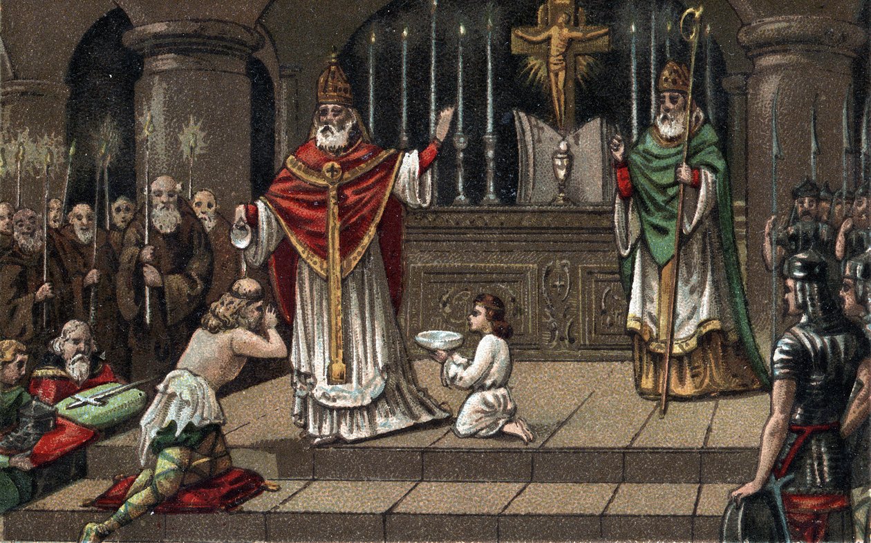 Widukindin tai Witikindin muunnos ennen Kaarle Suurta vuonna 785. Kromolitografia 1800-luvun lopulla. tekijältä Unknown artist