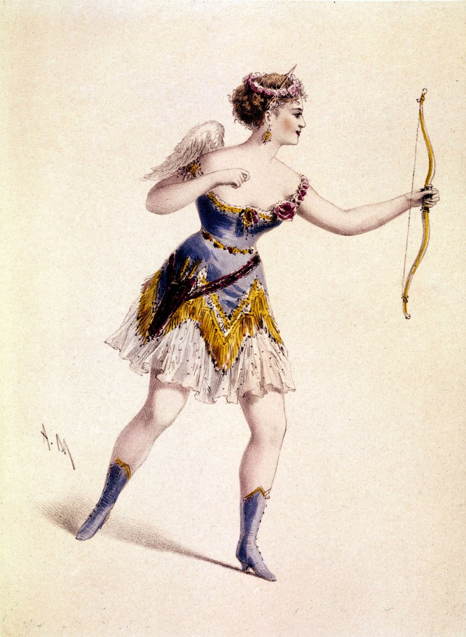 Cora Pearl (1842-1886), englantilainen kurtisaani, Cupidon roolissa oopperassa "Orphee to Hell" tekijältä Unknown artist