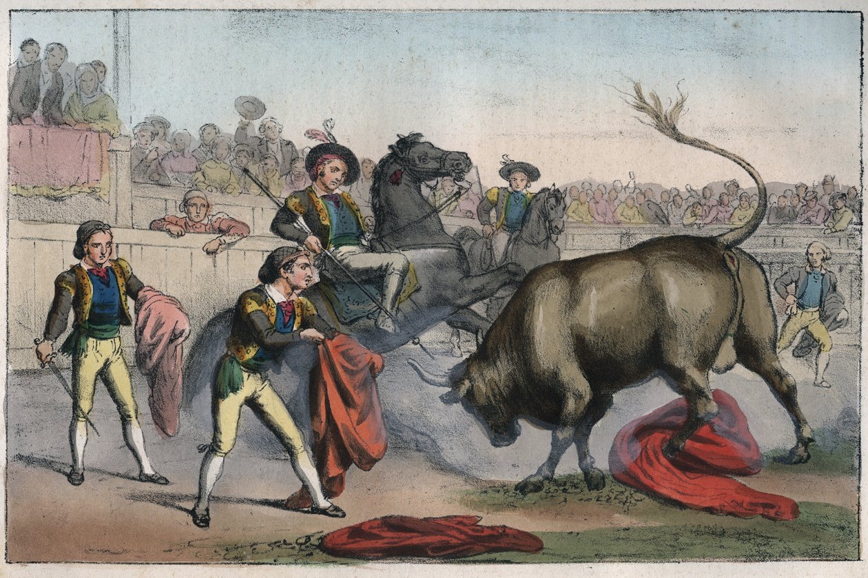 Corrida Espanjassa: le picador - Bull Charging a Picador - kaiverrus kirjasta "Kaikkeuden kaikkien kansojen tavat ja perinteet". Se on kaikkien kansojen hallituksen, lakien, miliisin ja uskonnon historiaa kaukaisimmista ajoista meidän päiviimme asti. tekijältä Unknown artist