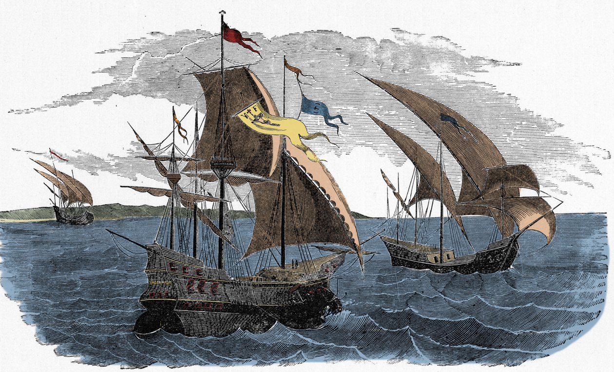Cortezin laivasto purjehtii Meksikoon - Espanjan Amerikan kolonisaatio: Hernan Cortesin (noin 1485-1547) armada purjehtii Meksikoon tekijältä Unknown artist