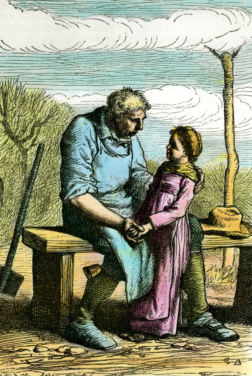 Cosette ja Jean Valjean. Kuvitus Victor Hugon (1802-1885) romaaniin "Les miserables" Kaiverrus vuodelta 1865 Yksityinen kokoelma tekijältä Unknown artist