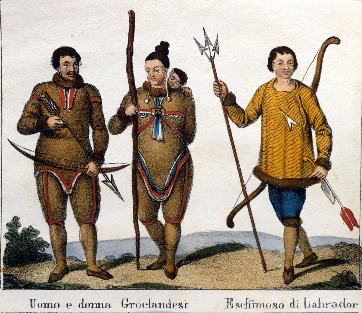 Puku. Vasemmalla: Grönlannin eskimopari lapsensa kanssa. Oikealla: Labradorin eskimo. Litografia 1800-luvun alussa tekijältä Unknown artist