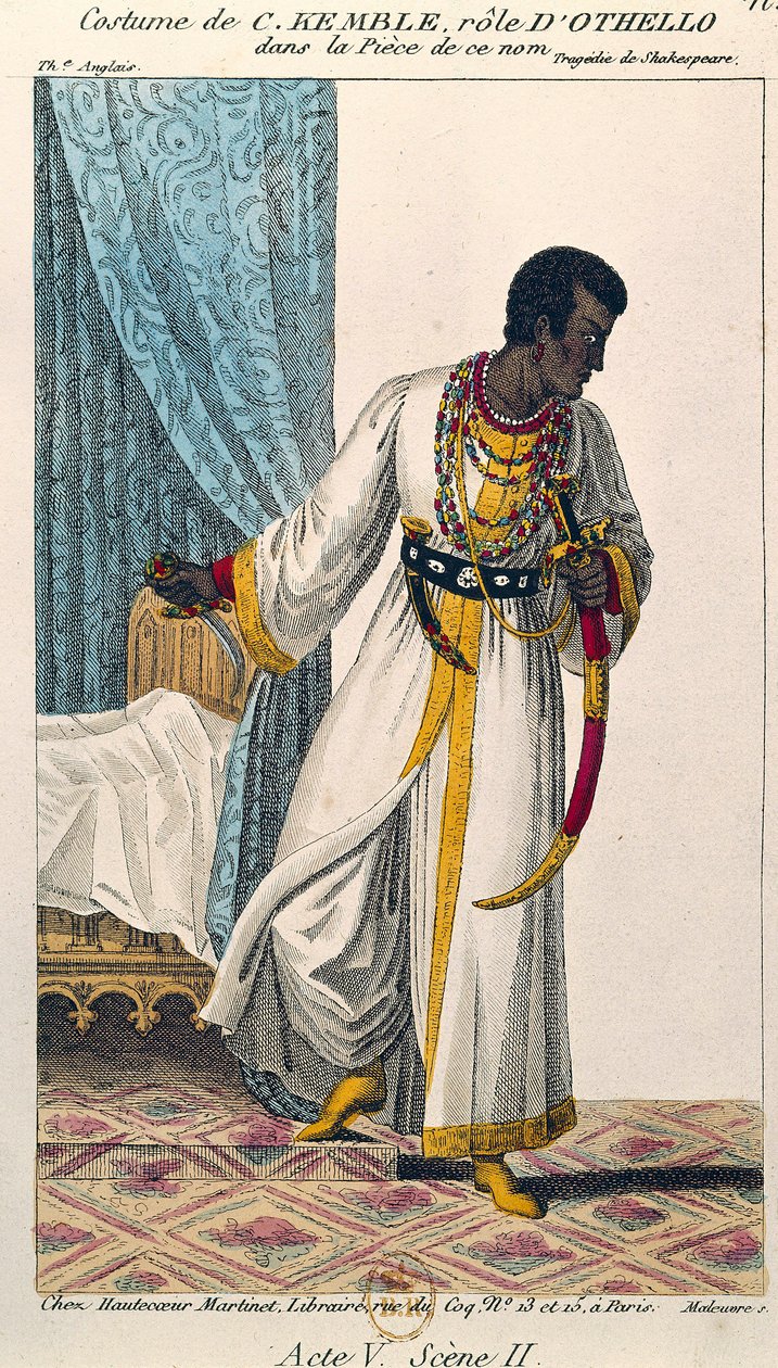 Koomikko Charles Kemblen (1775-1854) puku Othellon roolissa William Shakespearen (1564-1616) samannimisessä teoksessa 1800-luvun Pariisi. B N tekijältä Unknown artist