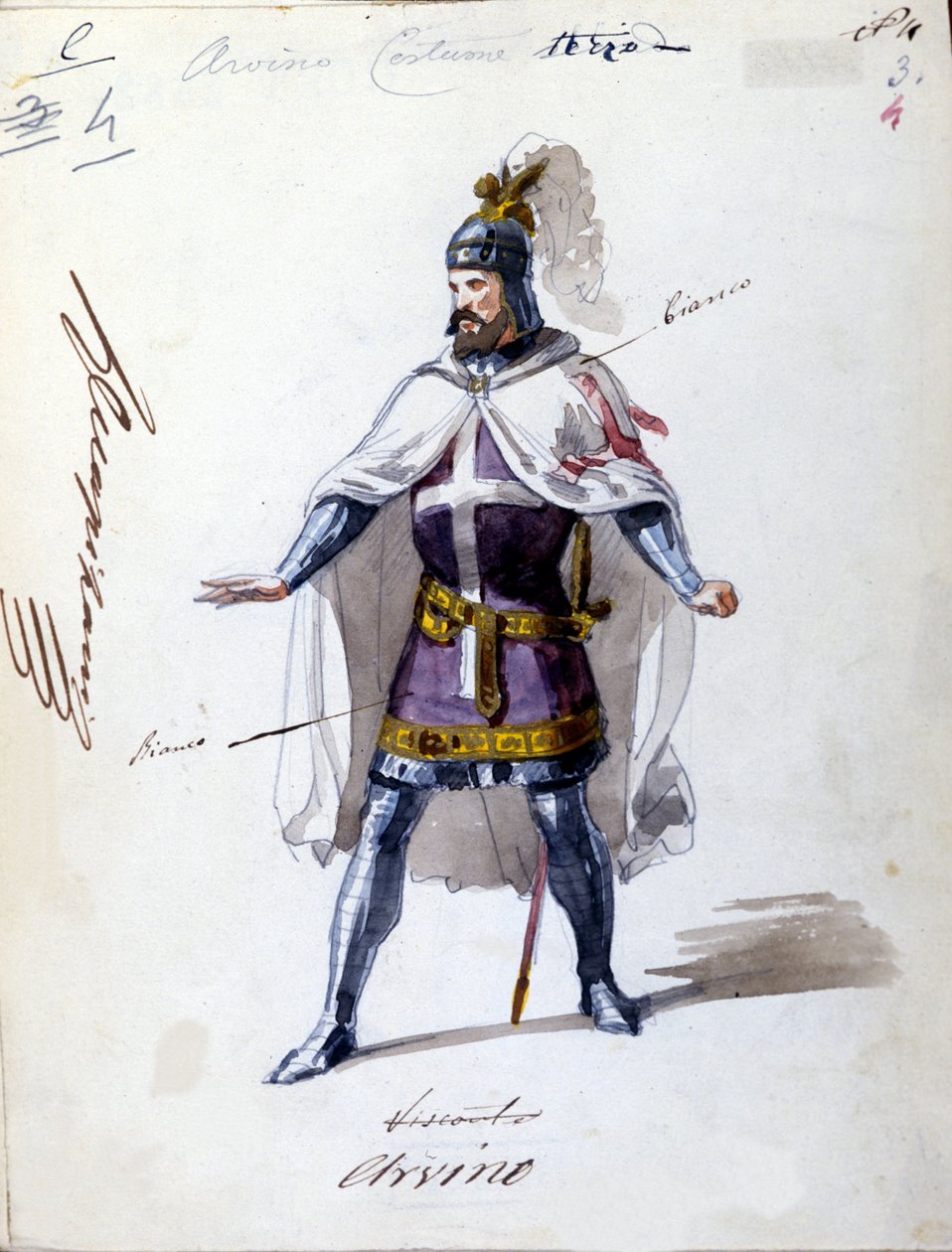 Giuseppe Verdin (1813 - 1901) vuonna 1843 säveltämä puku oopperaan "I Lombardi" tai "Les Lombards à la première Crusade". Nimetön akvarellipiirros. Alvino-hahmo esitykseen Scalassa Milanossa. tekijältä Unknown artist