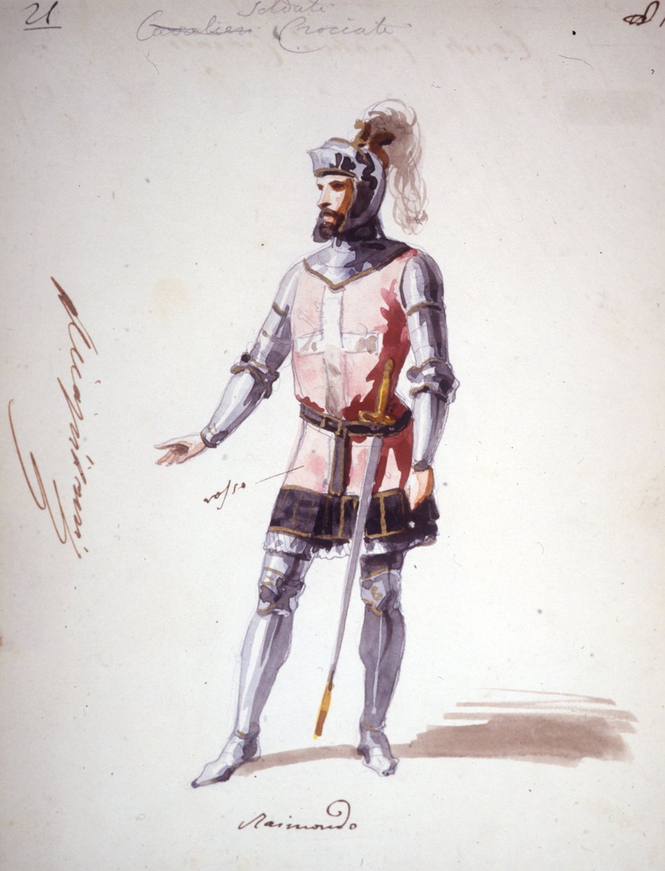 Giuseppe Verdin (1813 - 1901) vuonna 1843 säveltämä puku oopperaan "I Lombardi" tai "Les Lombards à la première Crusade". Nimetön akvarellipiirros. Raimondon hahmo esitykseen Milanon Scalassa. tekijältä Unknown artist