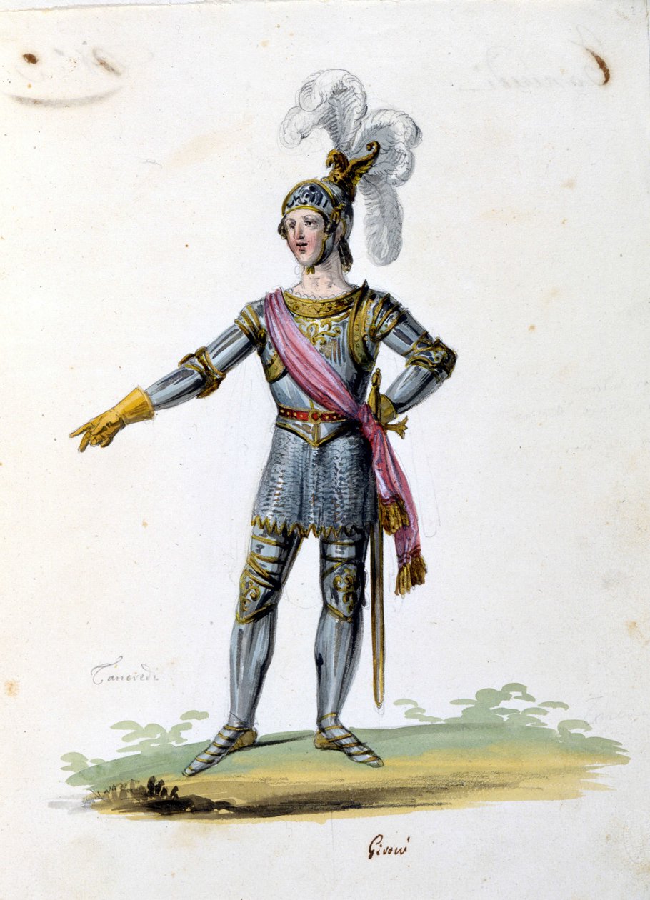 Gironin puku Tancreden hahmolle Gioacchino Rossinin oopperaan "Tancredi" (Tancrede). 1813 tekijältä Unknown artist
