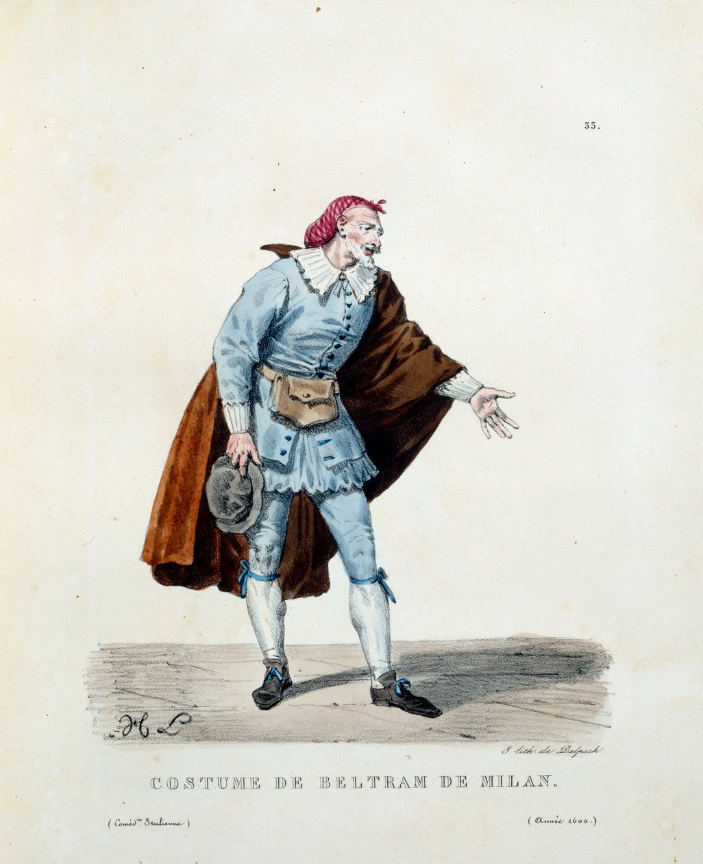 Niccolo Barbierin puku, joka tunnetaan nimellä Beltrame of Milan (kuoli 1641) vuonna 1600. Hippolyte Lecomten (1781-1857) italialaisen komedian (commedia dell