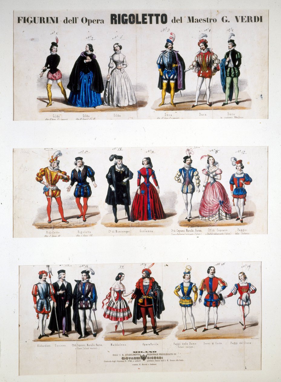Giuseppe Verdin "" Rigoletto" -asut, jotka perustuvat Victor Hugon romaaniin "Kuningalla on hauskaa" tekijältä Unknown artist