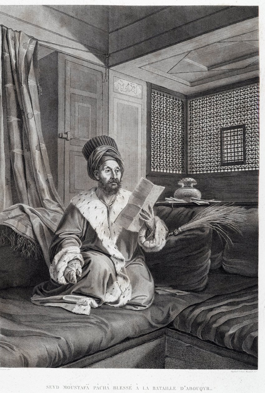 Puvut ja muotokuvat: Seyd Moustafa Pasha haavoittui Abouqyrin (Aboukir) taistelussa teoksessa "" Kuvaus Egyptistä", Imperial Publishing tekijältä Unknown artist