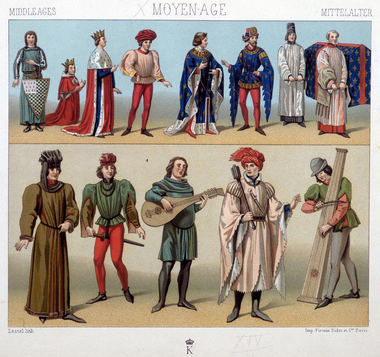 Puvut ja muusikot keskiajalla 1200-1400-luvulta. A. Racquetin teoksessa "Historiallinen puku". tekijältä Unknown artist